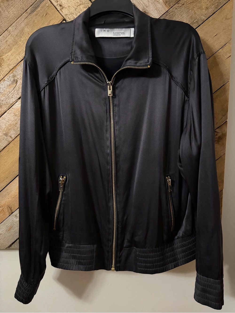 IRO Black Satin Zip-Front Bomber Jacket with Gold Hardware